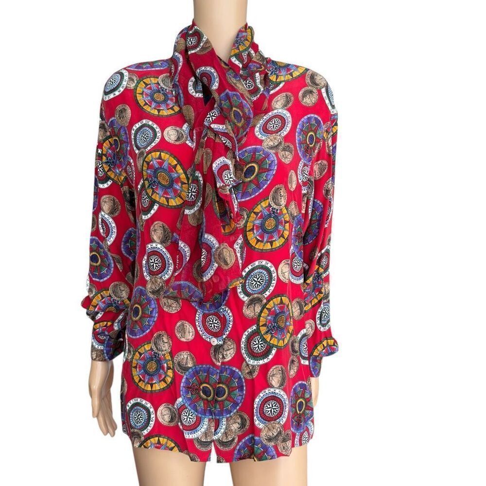 First Issue vintage 100% Silk Blouse w/ Scarf Bold nautical Print Red Size S